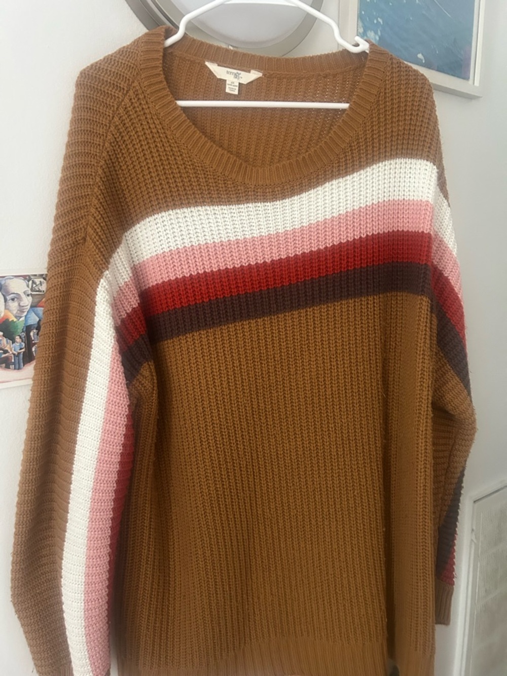 Terra & Sky Camel Crewneck Sweater with Pink, Red & Cream Stripes